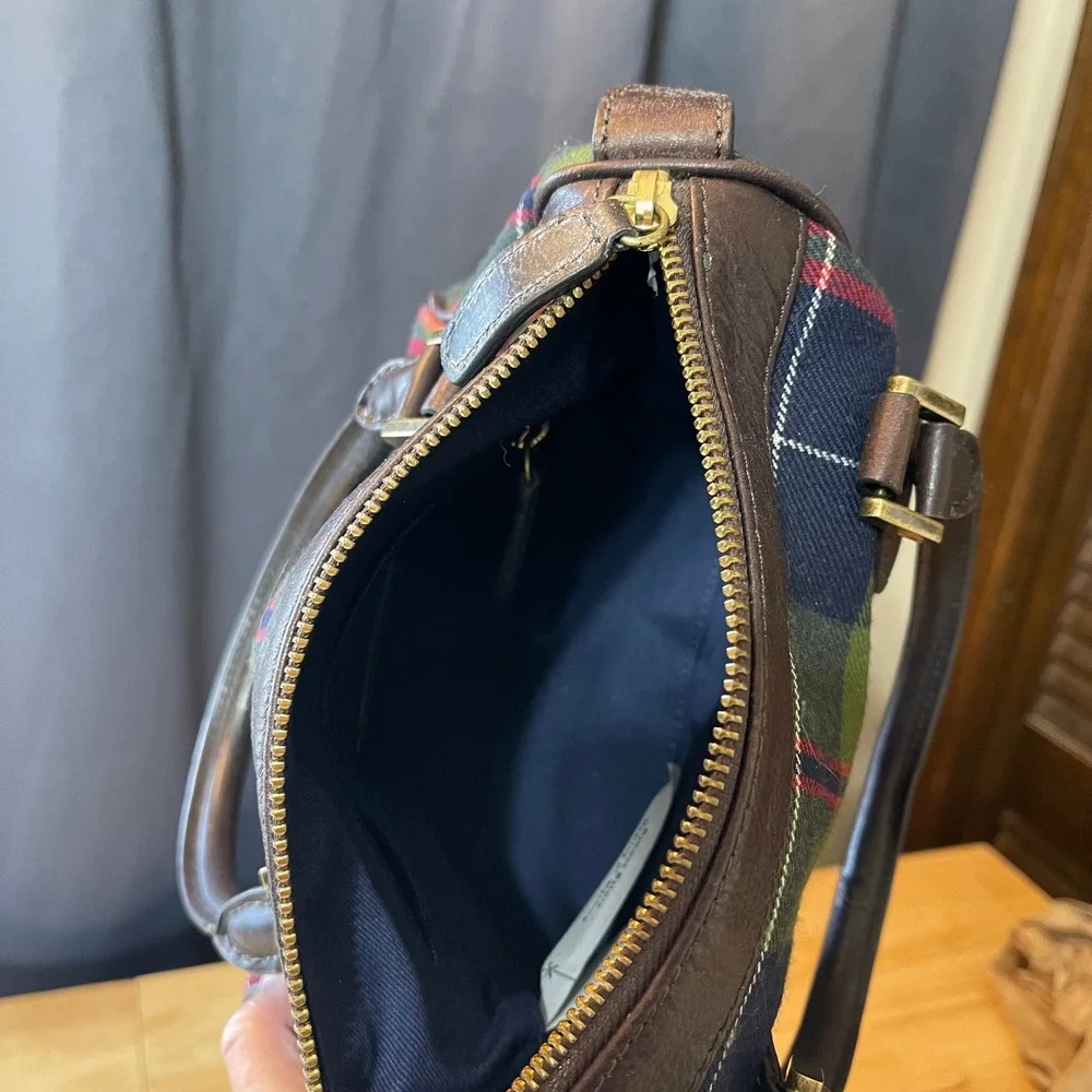 J. Crew Plaid Wool Leather Satchel Bag Green Navy Brown Tartan Doctor Bag